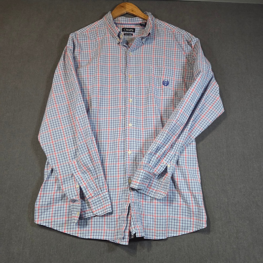 Chaps Button Down Shirt Mens XXL Blue Red Plaid Easy Care Long Sleeve Logo